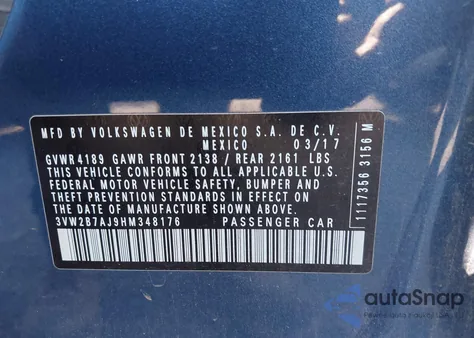 2017 Volkswagen Jetta 1.4T S z USA, uszkodzony, nr VIN 3VW2B7AJ9HM348176